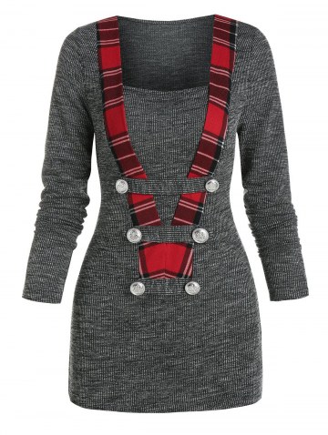 Plaid Print Button Detail Ribbed Sweater