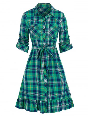 Plaid Print Double Pockets Flounced Belted Shirt Dress