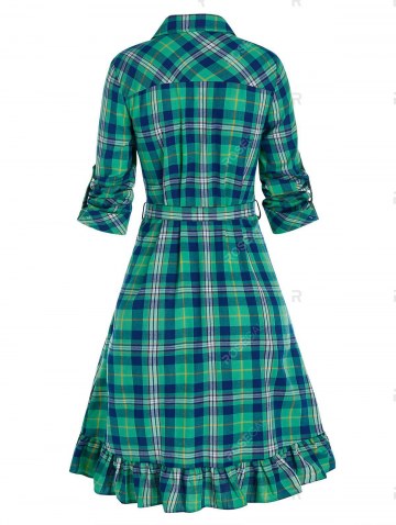 Plaid Print Double Pockets Flounced Belted Shirt Dress