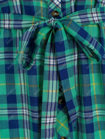 Plaid Print Double Pockets Flounced Belted Shirt Dress