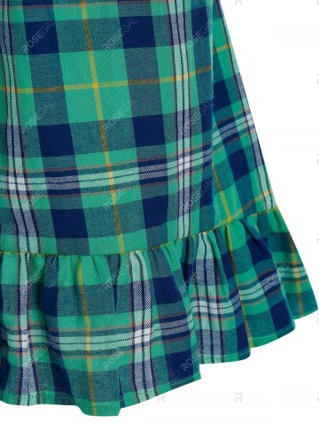 Plaid Print Double Pockets Flounced Belted Shirt Dress