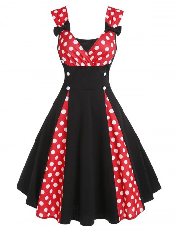 Polka Dot Plaid Bowknot Mock Button Surplice Dress