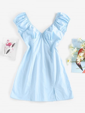 Puff Sleeve Ruched Slit Pastel Dress
