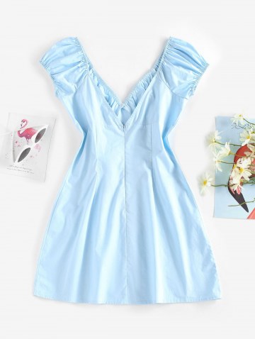 Puff Sleeve Ruched Slit Pastel Dress