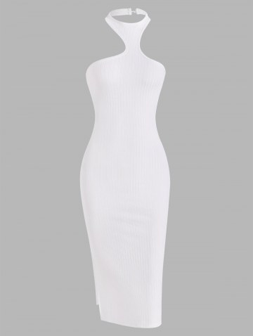 Ribbed Halter Split Slinky Dress