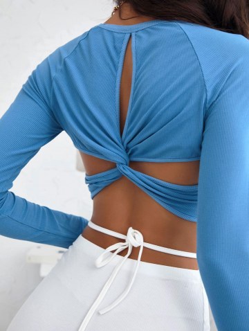 Ribbed Raglan Sleeve Twisted Cutout T Shirt