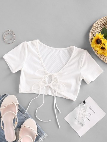 Ribbed Tie Front Crop T Shirt