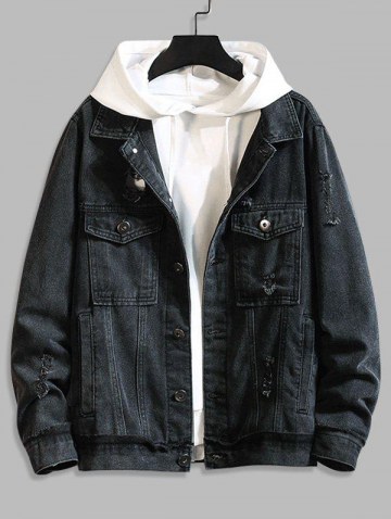 Ripped Broken Hole Flap Pockets Casual Denim Jacket