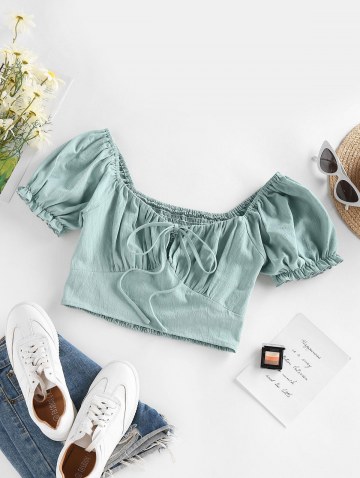 Shirred Ruffle Puff Sleeve Keyhole Crop Blouse