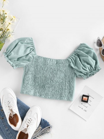 Shirred Ruffle Puff Sleeve Keyhole Crop Blouse