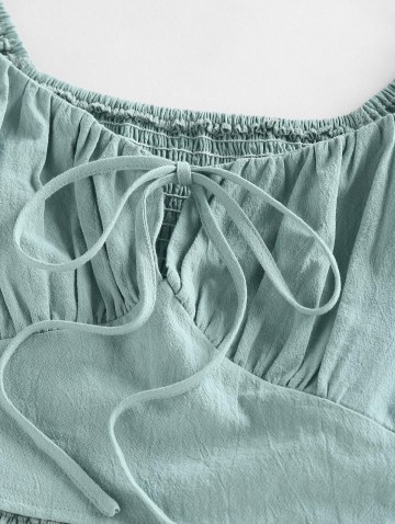 Shirred Ruffle Puff Sleeve Keyhole Crop Blouse