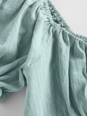 Shirred Ruffle Puff Sleeve Keyhole Crop Blouse