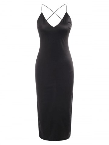 Silky Side Slit Cowl Open Back Slinky Slip Dress