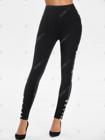 Skull Bat Print Mock Button Pull On Skinny Leggings