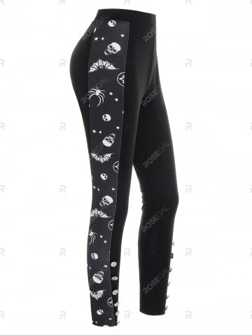Skull Bat Print Mock Button Pull On Skinny Leggings