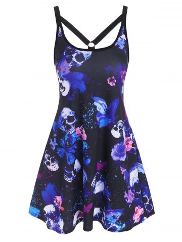Skull Butterfly Print O Ring Strappy Tank Dress