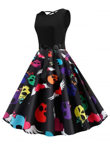 Skull Print Heart Belted Lattice Halloween Dress