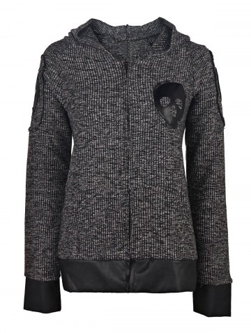 Skull Printed Faux Leather Spliced Zip Up Hoodie For Women