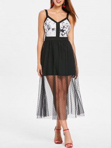 Sleeveless Mesh Panel Tea Length Dress