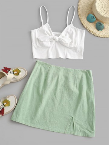 Tie Front Ribbed Slit Skirt Set