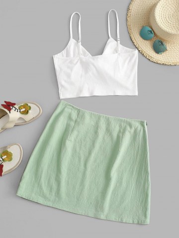 Tie Front Ribbed Slit Skirt Set