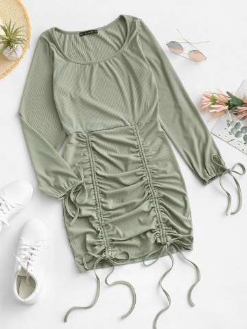 Tie Sleeve Ribbed Cinched Mini Dress