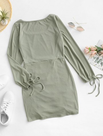 Tie Sleeve Ribbed Cinched Mini Dress
