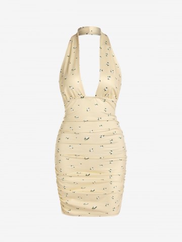 Tiny Floral Halter Plunge Front Ruched Dress