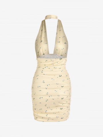 Tiny Floral Halter Plunge Front Ruched Dress