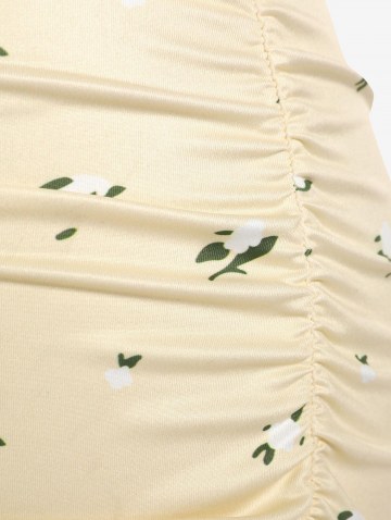 Tiny Floral Halter Plunge Front Ruched Dress